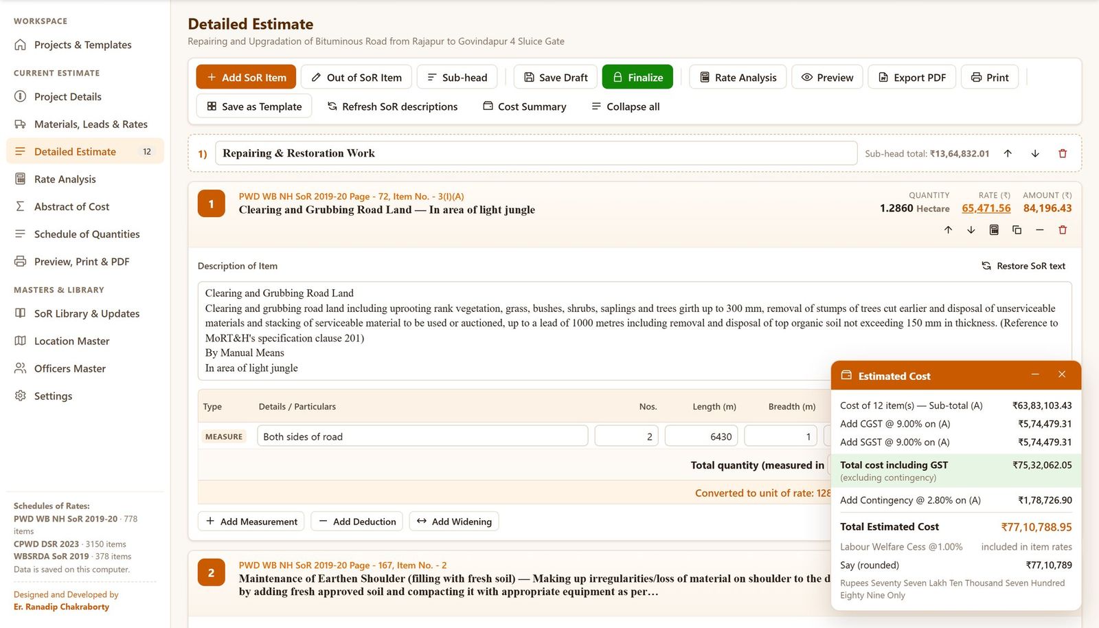 The Rapid BOQ Detailed Estimate workspace with a floating cost summary